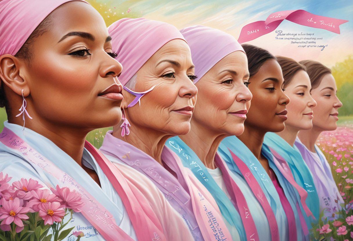 A serene landscape depicting a diverse group of cancer survivors standing together, their faces reflecting hope and resilience. In the background, a vibrant ribbon symbolizing cancer awareness flows through the air, surrounded by blooming flowers and uplifting quotes about strength. The scene should radiate warmth and positivity, highlighting themes of empowerment and support. soft focus. pastel colors. nature-inspired art.