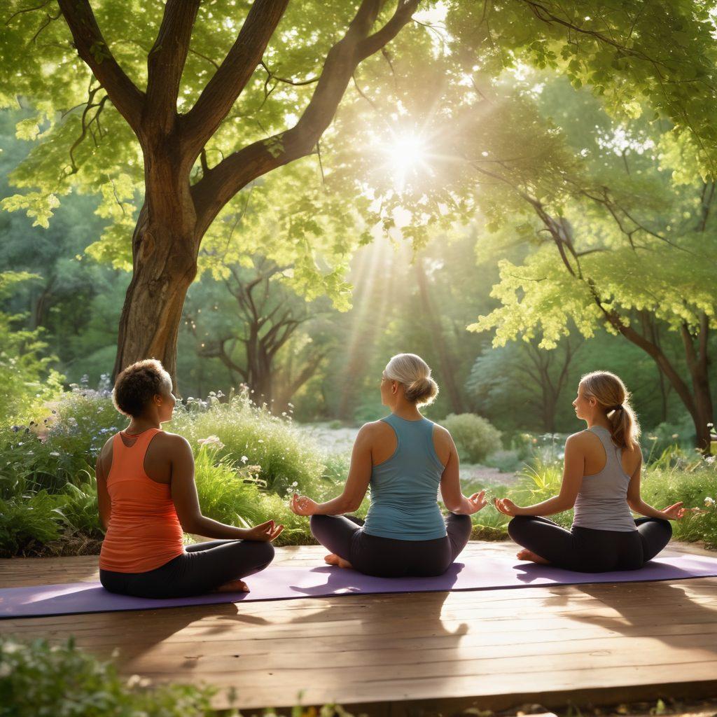 A peaceful scene depicting a diverse group of cancer survivors engaging in holistic therapies, such as yoga, meditation, and nutrition workshops in a serene outdoor setting. Include soft natural elements like trees and flowers, symbolizing growth and resilience. Warm, inviting colors that evoke a sense of hope and healing, with sunlight filtering through the leaves. super-realistic. vibrant colors. tranquil atmosphere.
